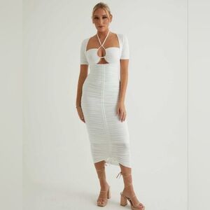 Alana Eve White Kaley Short Sleeve Ruched Midi Dress NWT